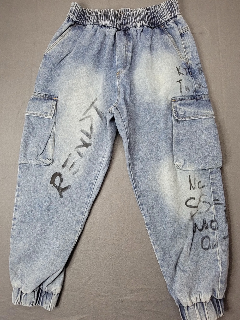 Men's Light Blue Denim Cargo Joggers with Graffiti Detail